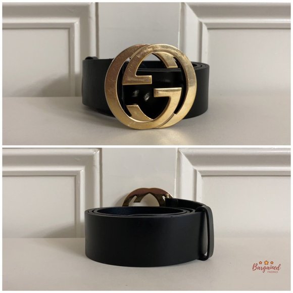 Authentic Gucci Black Calfskin Leather Gold Interlocking G Buckle Belt 90/36 - Picture 3 of 15